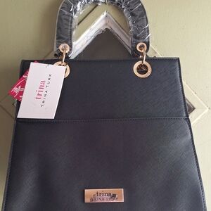 Trina Turk Black Structured Satchel with Gold Accents
